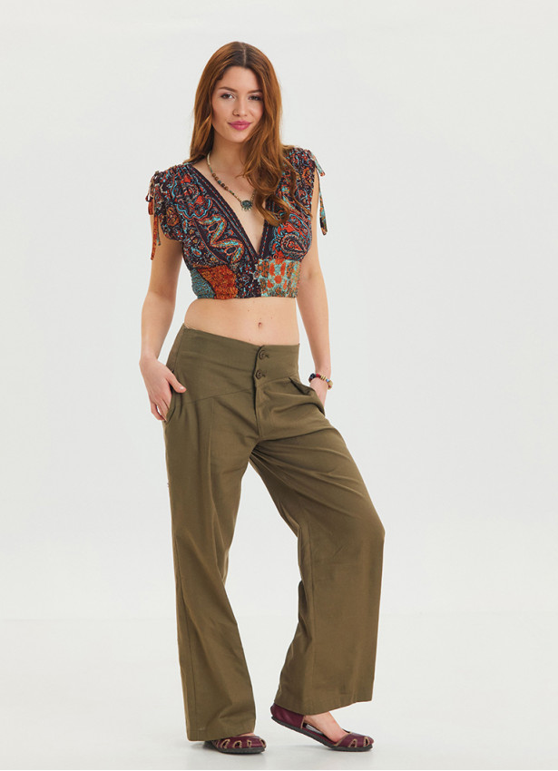 Pleated Bias Cut Buttoned Earth Color Bohemian Trousers 4464